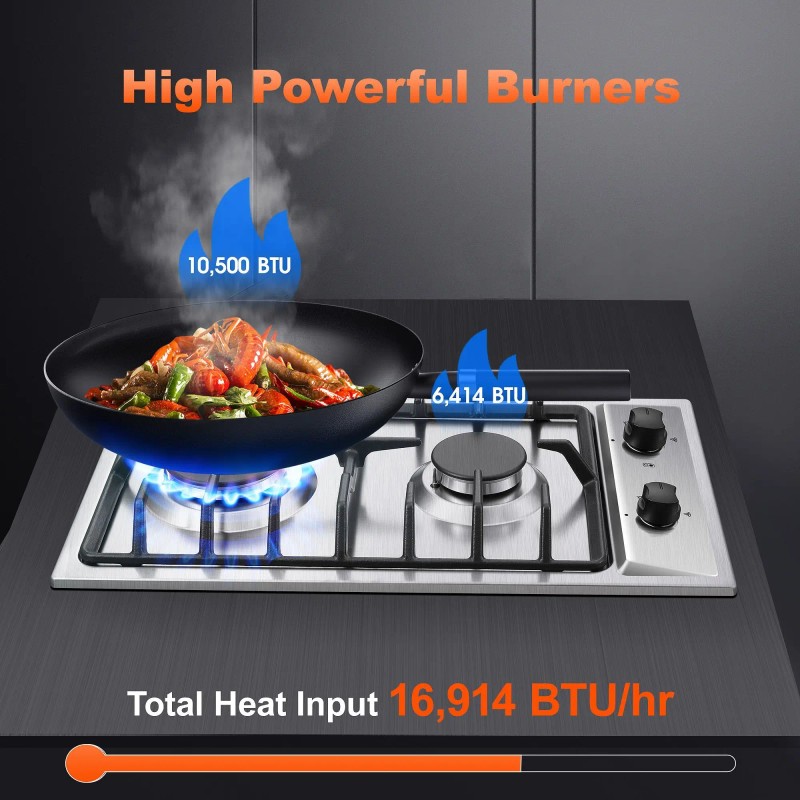 12 Inch Built-In Stainless Steel/Tempered Glass Gas Cooktop 2-Burner Propane