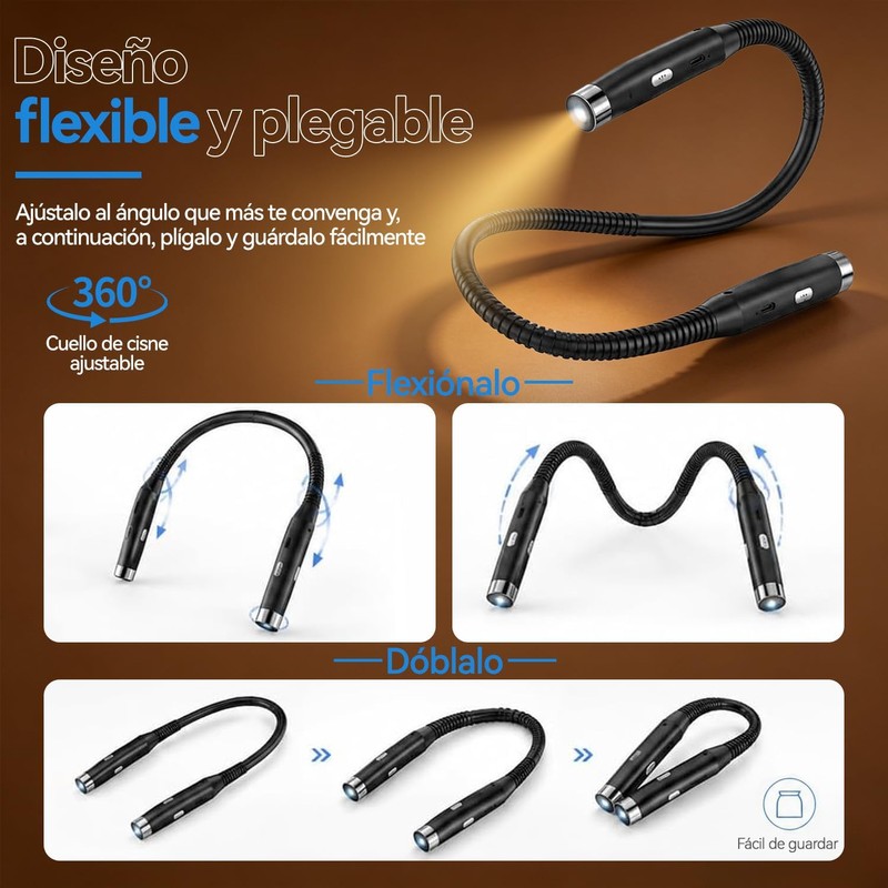 LED Neck Reading Light,Lampara de Lectura Libro,3 Colores,3 Niveles De