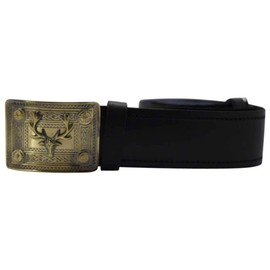 Scottish Highland Black Plain Leather Kilt Belt with Antique Stag Head Badge Buckle (M)