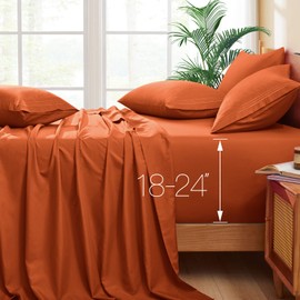 Horbaunal Extra Deep Pocket King Sheets - Fits Mattress 18-24 Inches Deep - 6 Pieces Hotel Luxury 1800 Thread Count Microfiber Sheet Set - Ultra Soft Burnt Orange King Size Bed Sheets