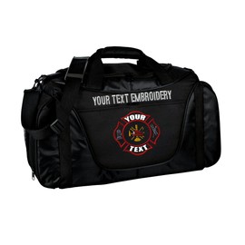 Gym Duffel bag Custom Embroidered Thin Red line or Blue line USA flag Travel Work Out Bag (Black/Black + Fire Dept Logo)