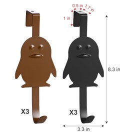 EOFJRUC Over The Door Hooks, Penguin Shaped Metal Door Hanger - 6 Pack (3 Brown & 3 Black) - Over Door Organizer Hooks for Kitchen Bathroom