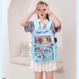 Clear Backpack for Girls Women Transparent Kids Elementary College School Bag Travel Laptop Backpacks Large Bookbags (Blue)