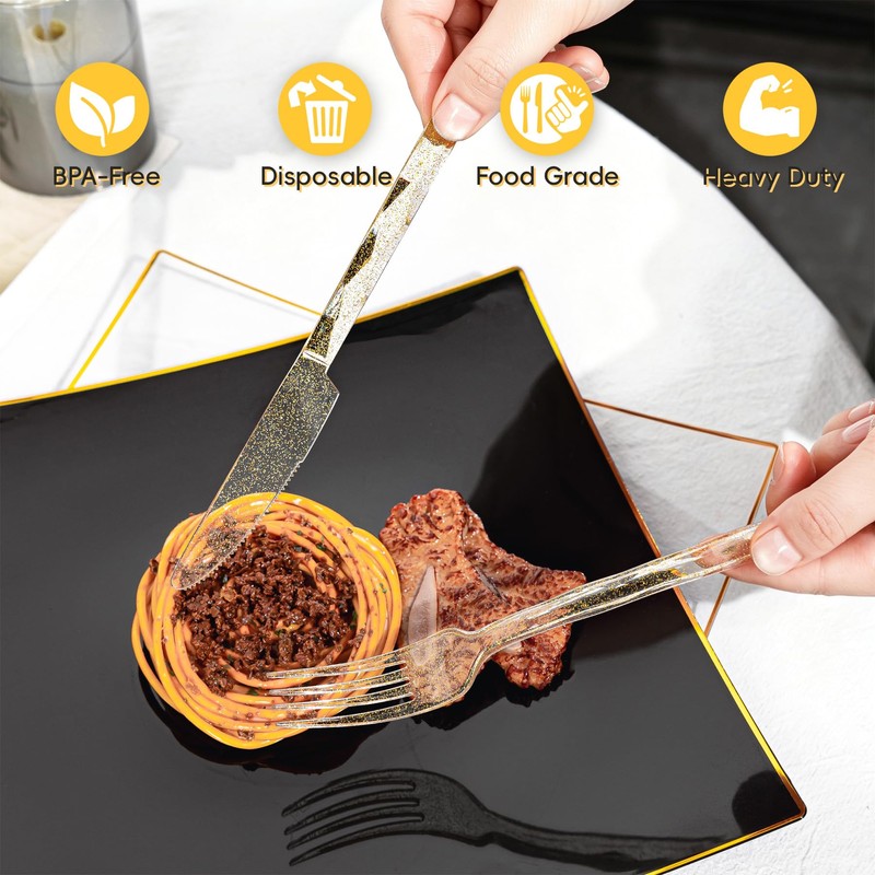Lullaby 300Pc Heavy Duty Gold Plastic Silverware, Gold Glitter Utensil