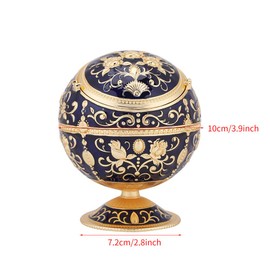 Bewinner Portable Ashtray Round Ball Back Cover Ashtray Ball with Base, Windproof Vintage Ashtray with Exquisite Carving and Elegant Painting (Dark Blue)