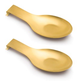 Pretty Jolly Stainless Steel Gold Spoon Rest for Kitchen Counter Cooking Utensil Rest Spoon Ladle Holder for Stove Top Rust Resistant Large Size Spatula Rest Dishwasher Safe 9.61 x 3.74 Inch(2PCS)
