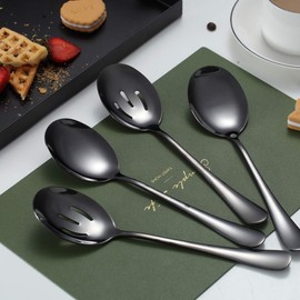 Kyraton Black Serving Spoons Set of 4, Includes 2 Serving Spoons and 2 Slotted Spoons, Stainless Steel Serveware, Serving Set of 4