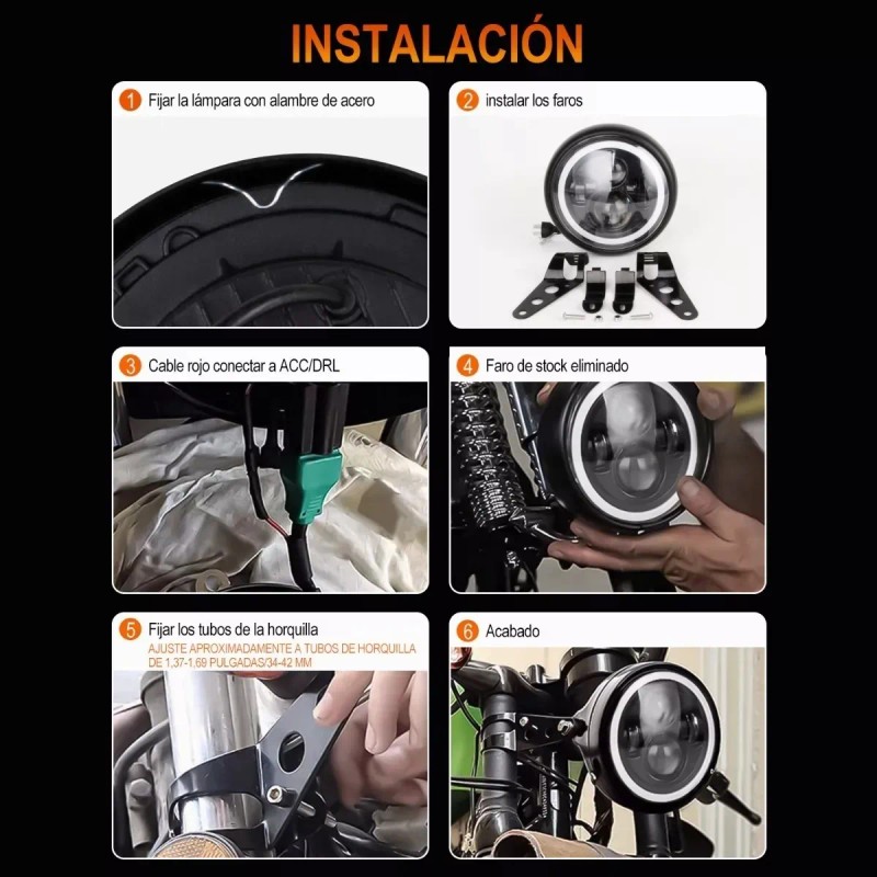 Faro Para Moto Universal + Carcasa Y Soporte De 7