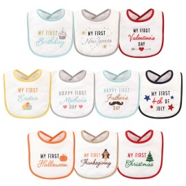 Hudson Baby Cotton Terry Drooler Bibs with Fiber Filling 10pk, Holiday Birthday