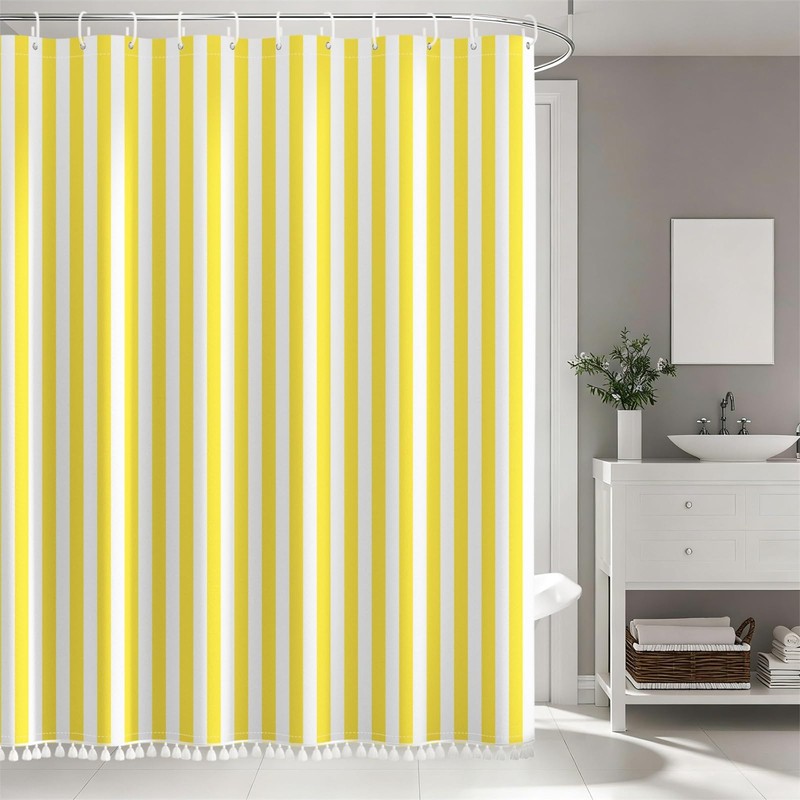 Yellow and White Stripd Shower Curtains for Bathroom Vertical Line