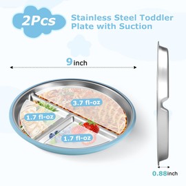 Wesketch 2 Pack Stainless Steel Baby Plates with Suction, Toddler Plates with Removable Silicone Shell for Kids, Non-Slip Toddler Baby Feeding Set, Forks + Spoons Included-Gray & Blue