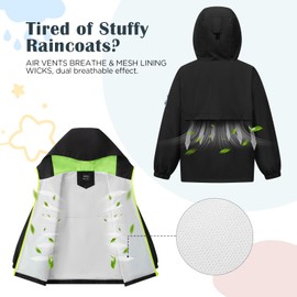 Veridra Kids Rain Jacket with Air Vents Mesh Lining, Hooded Raincoats with Extended Brim for Boys Girls Lightweight Waterproof Windbreaker Coat (Black Yellow,8-9 Years)