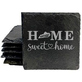 Rustic Slate Coasters Set of 6, 4" Square, Laser Etched 'HOME SWEET HOME' Design, Kentucky State Shape, Perfect Gift for Holidays, Birthdays, Housewarming, Made in Oregon, USA, Natural Edge