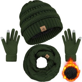 Winter Beanie Hat Scarf Gloves, Warm Fleece Knit Winter Hats Touch Screen Gloves Neck Scarf Set Winter Gifts for Unisex Adult Olive Drab