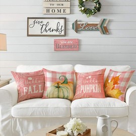 VAKADO Pink Fall Decorative Throw Pillow Covers Pumpkin Decor 16x16 Set of 4 Buffalo Plaid Outdoor Farmhouse Autumn Thanksgiving Cushion Cases for Home Decorations Couch Sofa Bed