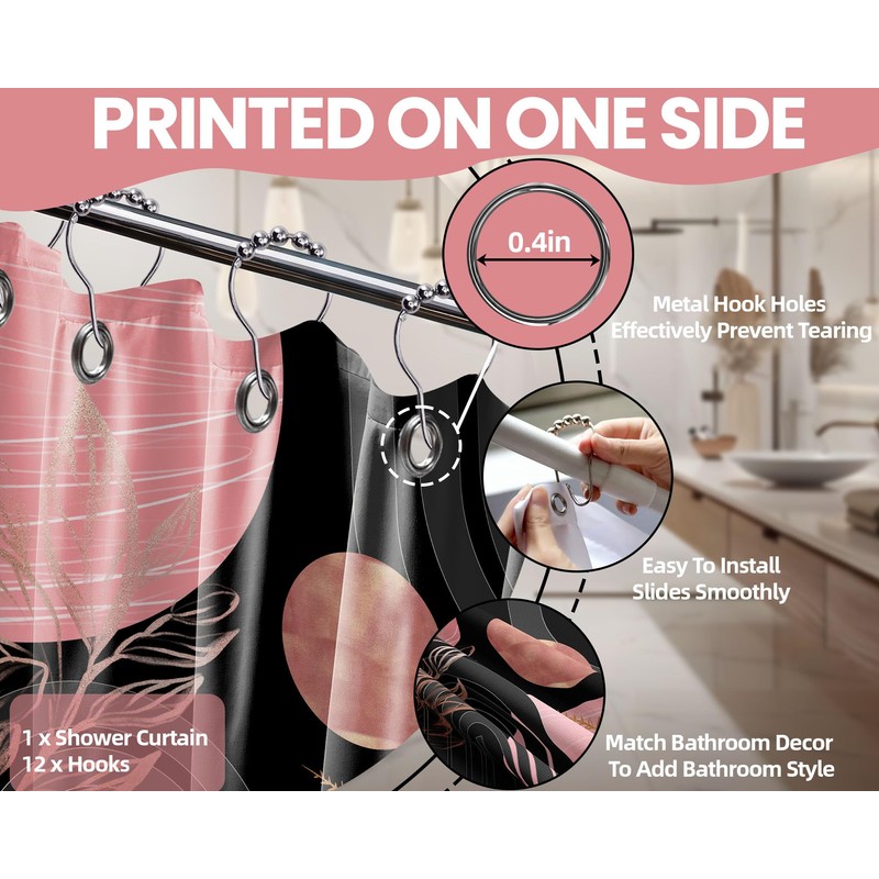 QGHOT Black and Pink Shower Curtain Boho Mid Century Dark