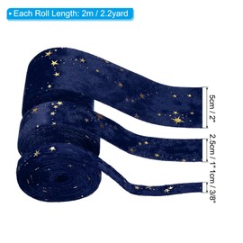 PATIKIL 3/8", 1", 2" Velvet Ribbons Set, 3 Roll 3 Sizes Total 6.6 Yard Double Faced Craft Ribbon with Golden Star for DIY Bow Ornament Gift Wrapping Bouquet Decoration, Navy Blue
