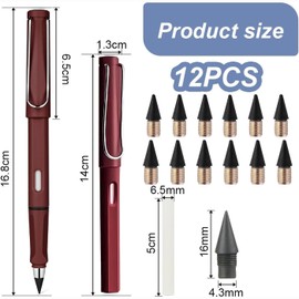 BetterJonny Set of 12 Eternal Pencil Set Metal Inkless Pencils with Eraser 12 Pieces Interchangeable Head Infinity Pencil for School Party Bags Inkless and Environmentally Friendly D