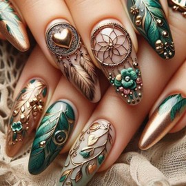 Gifiky Almond False Nails- Glitter Press on Nails Short Luxury Green Nails Tips Embossed Feather Fake Nails for Women and Girls 24Pcs