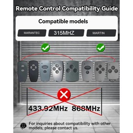 Upgrade Garage Door Opener Remote for Marantec Harrison Martin M3-2312, Support Copy and Program, 315 MHz 2 Button Garage Door Opener Remote Replacement Program Pin, for Marantec Garage Door Keypad