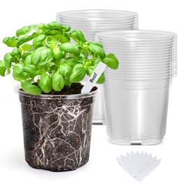 Bonviee Nursery Pots for Plants, 30-Pack 5-Inch Plastic Seedling Pots with Drainage Holes, and 10 Plant Labels, Ideal for Seed Starters and Flowers -Clear