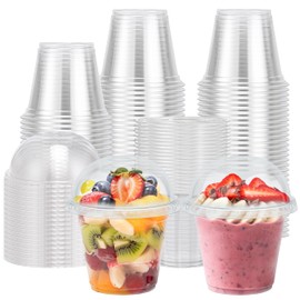 Lamosi 100 Pack 9 oz Clear Plastic Cups with Lids, Disposable Cups with Dome Lids and Hole, Ideal for Ice Cream, Cold Drinks, Fruit, Dessert, Yogurt Parfait