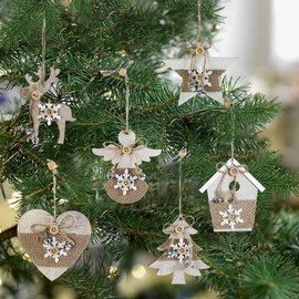 6PCS Wooden Christmas Tree Decorations Natural Wood Slices Christmas Wooden Ornaments Baubles Hanging Tags Pendant for DIY Crafts Christmas Home Hanging Decorations
