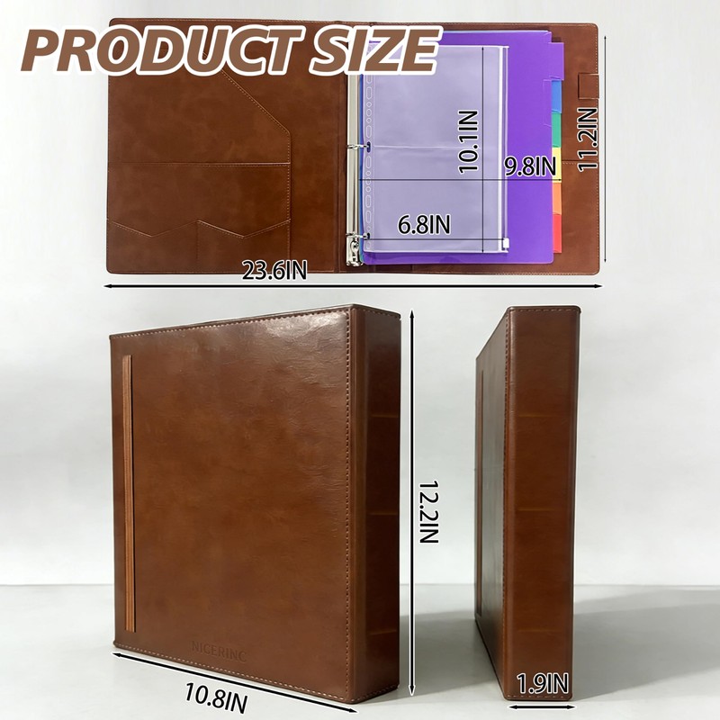 3-Ring Leather Binder,Portfolio Organizer with 5 Built-in Storage Pockets,PU Leather