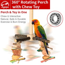 Agape Rotating Parrot Perch Toy with Chew Toy, Natural Wooden Perch Stand for Small & Medium Birds, Bird Cage Accessory with Exercise Wheel for Parakeets Cockatiels Lovebirds Conures Finches Budgies