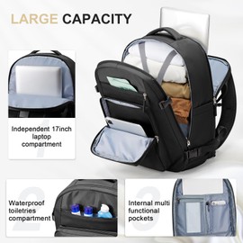 Large Travel Backpack for Women Mens 17 Inch Laptop Backpack, Business Backpack Carry On Flight Approved with USB Charging Port, Waterproof Anti Theft Backpack for Traveling, Hiking, Work, Black