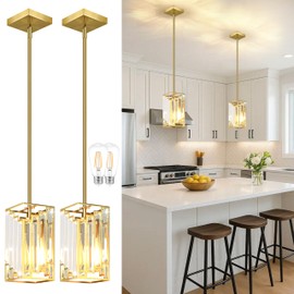 YSHomeStunn Gold Crystal Pendant Lights Kitchen Island 2-Pack Square Pendants Light Bedroom Modern Pendants Lighting Crystal Pendant Light for Kitchen Island Dining Room Foyer Bedroom (Bulb Incl.)