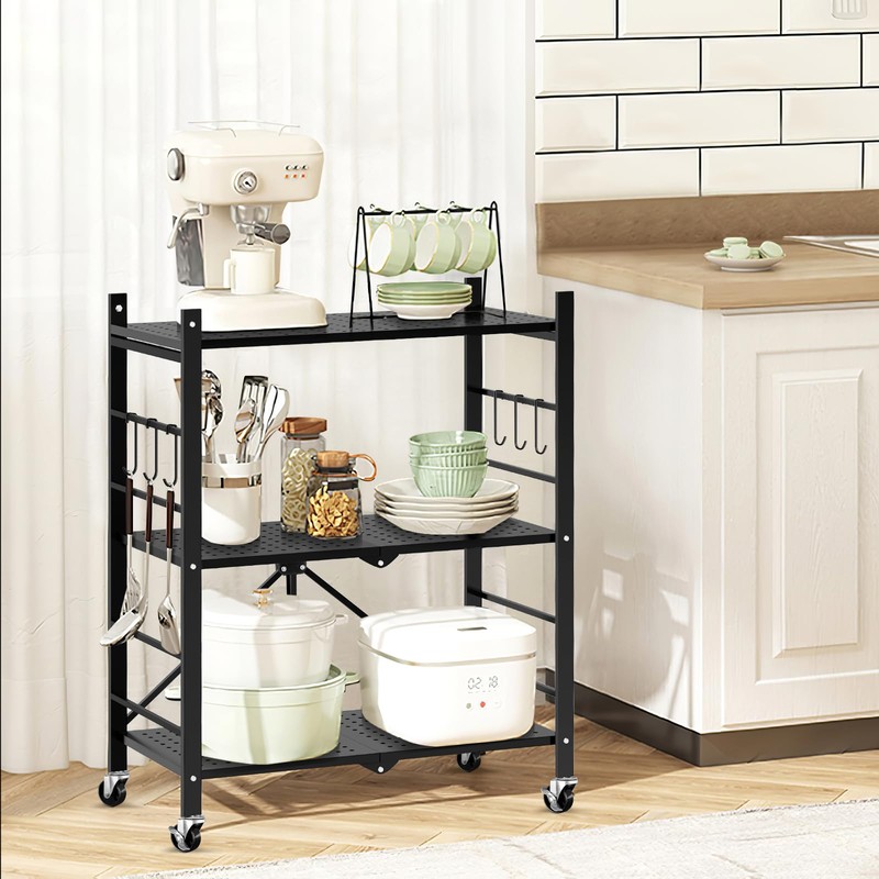 Himix Storage Shelves with 6 Hooks, 3 Tier Foldable Shelf
