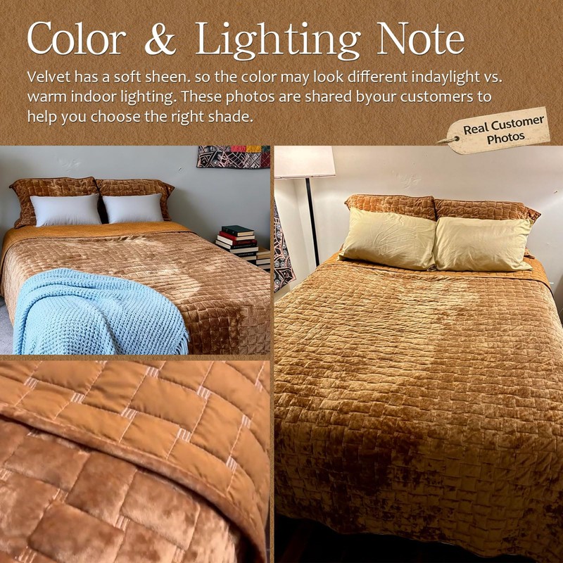 Velvet Quilt Set Queen Size, Luxury Geometric Design, Gold Caramel