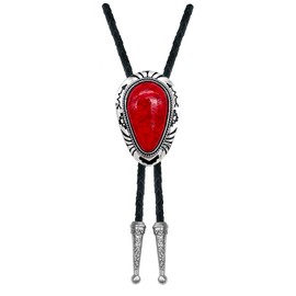 QUKE Red Stone Bolo Tie Native Western Cowboy Handmade Genunie Leather Bola Tie Necktie for Men Women