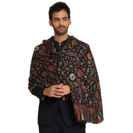 Zamour Large Indian Modal Shawl Prayer Wrap for Men, Original Kashmiri Kani Weave, Dense Colorful Patterns (Black)