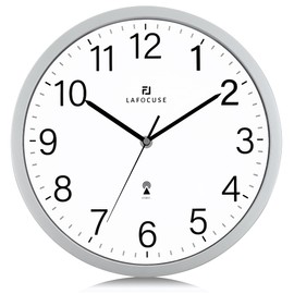Lafocuse 12 Inch Analog Atomic Wall Clock Battery Operated Sets Automatically, Modern Silver Clocks for Living Room Decor Kitchen Office