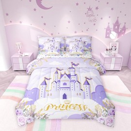 Manfei Girls Princess Comforter Set 7 Pieces Reversible,Cartoon Castle Purple Bed Set,Dreamy Fairy Tale Bedding Sets Queen (1 Comforter,2 Pillowcase,2 Pillow Covers,1 Flat Sheet,1 Fitted Sheet)