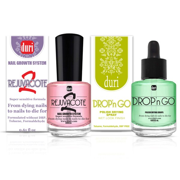 duri Rejuvacote 2 Nail Growth System Base and Top Coat, Drop'n Go Nail Polish Drying Drops - Nails Hardening, Growth, Damage Repair, Chipping, Breaking and Brittle Treatment (0.61 fl.oz) Combo Pack