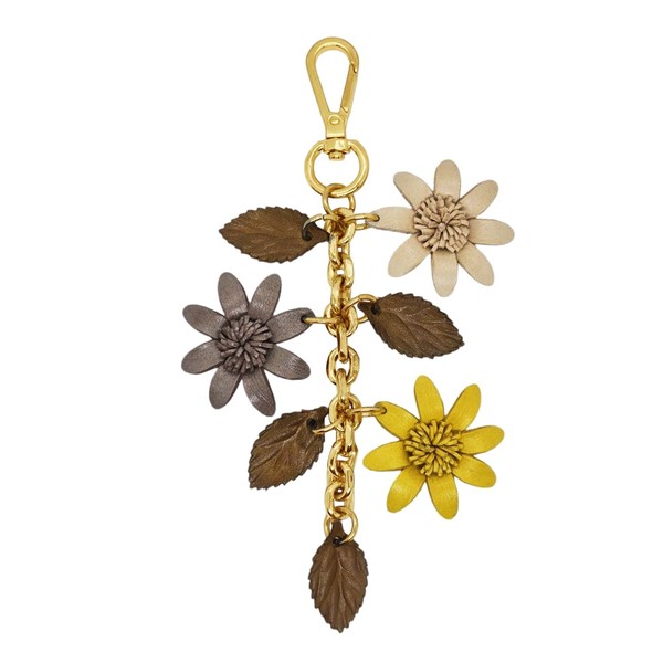 Jomo Joy Leather Flowers Keychain Purse Tassels, Gray, Cream and