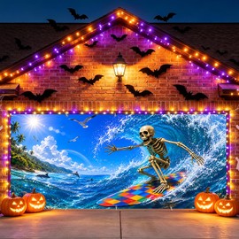 Summer Halloween Garage Door Cover, 16x7 Ft Surfing Skeleton Banner