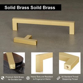 QOGRISUN 5-Pack Solid Brass Cabinet Pulls, Gold Square Drawer Handles, 5-inch Hole Center Kitchen Hardware for Dresser, Cupboard, Brushed Brass Finish