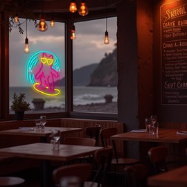 ineonlife Surfing Cat Neon Sign, Cat LED Sign Dimmable for Wall Decoration, Animal Neon Sign for Beach, Surf Shop, Small Bar, Bedroom, Party Decoration