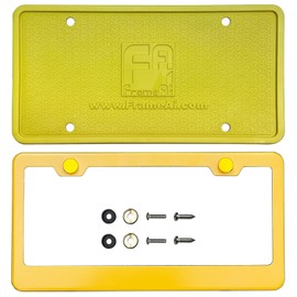 Silicone Back Guard License Plate Frame Solar Yellow Powder Coated Universal Fit Aluminum Screw On Cap Cover, T304 Stainless Steel, Rust Proof Weather Proof Stainless Steel Screws (Qty: 1 Frame)
