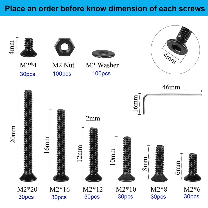 FandWay 410Pcs M2 Hex Socket Countersunk Machine Screws, 10.9 Grade