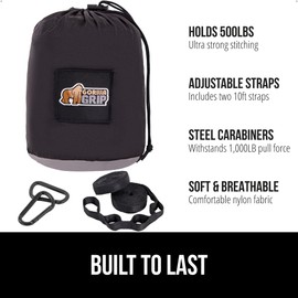 Gorilla Grip Durable Portable Camping Hammock, Holds 400lbs with Heavy Duty Tree Straps, Comfortable Travel Swing, Camp Hammocks, Easy to Use and Install, Outdoor Essentials, Black, 10x6.5 FT