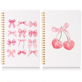 CNhoqc 2pcs Pink Coquette Aesthetic Notebooks, Coquette Preppy Theme Spiral Journal Notebook, Pink Bow Cherry Watercolor Aesthetic College Hardcover Spiral Notebooks for School Stationery Supply