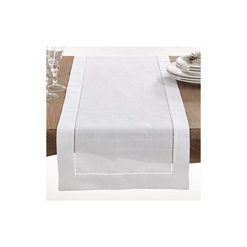 Saro Lifestyle Hemstitched Border Table Runner, White, 16"x120"