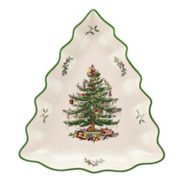 Portmeirion Christmas Tree Collection Tree Shaped Dish, 10Inch, Made of Porcelain, Serving Dishes, Christmas Tree Design, Green/Beige, Dishwasher and Microwave Safe