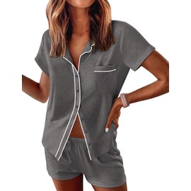 Ekouaer Womens Pajama Sets Button Down Lounge Set 2 Piece Loungewear Soft Sleepwear Short Sleeve Pjs with Pockets Dark Gray