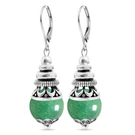 XKBYL 10mm Natural Green Dongling Jade Stone Bead Drop Earrings,Retro Silver Real Genuine Crystal Quartz Gemstone Boho Bohemian Dangle Earrings Jewelry Gift for Women (A05_Dongling Jade)
